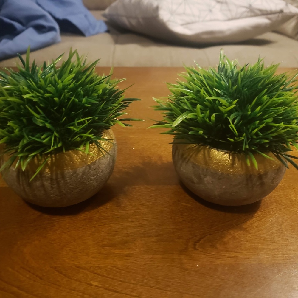 2 Pcs Fake Potted Plant Decor Gold/Gray